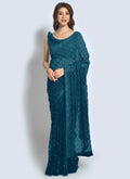 Aqua blue georgette saree with sequence floral embroidery