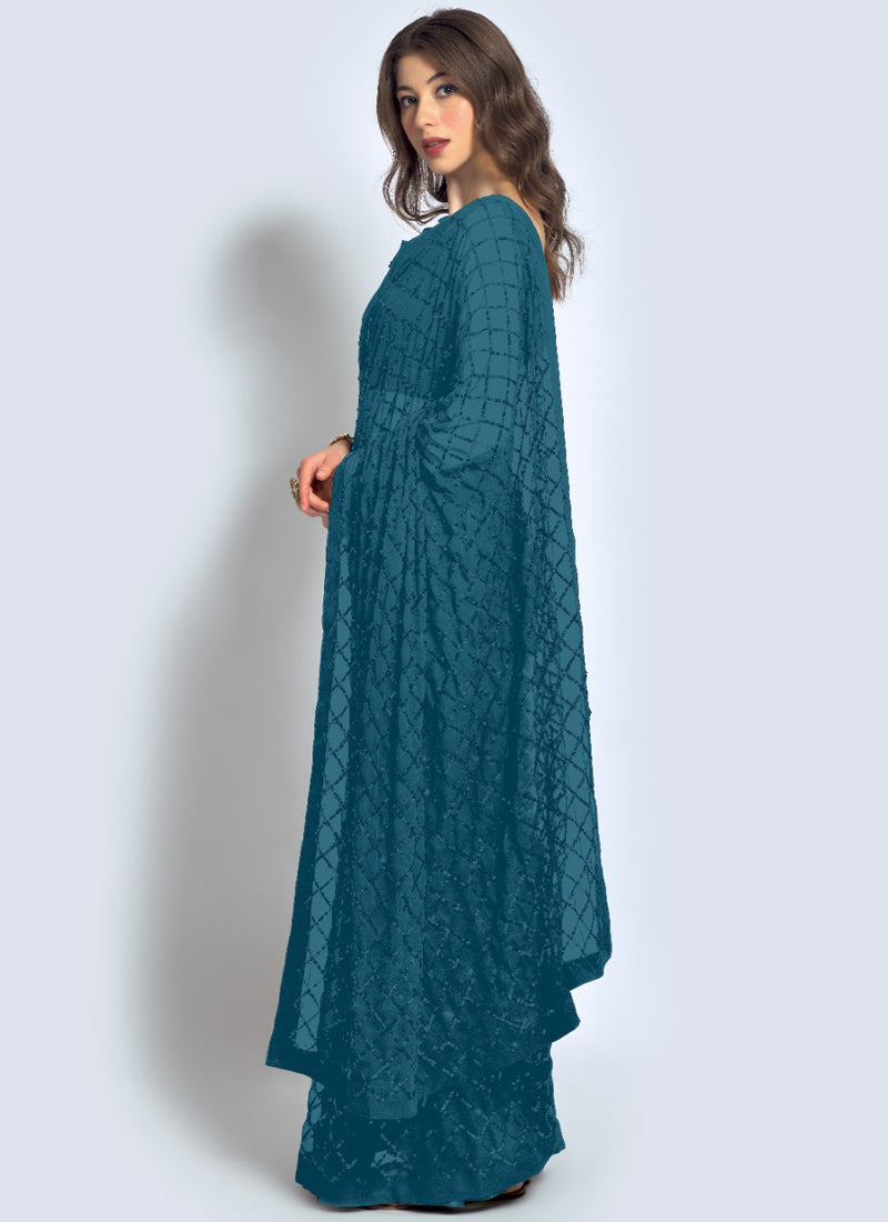 Aqua Georgette Saree with Sequined Floral Details