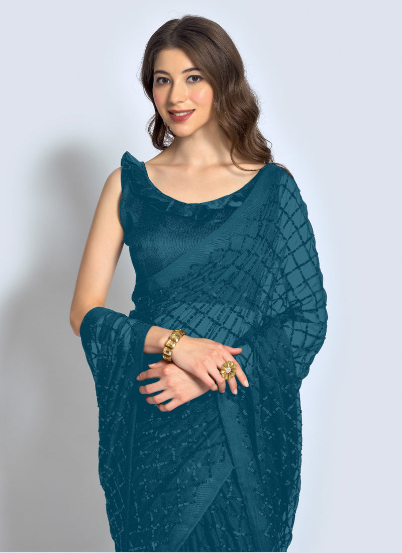 Aqua Georgette Saree with Sequined Floral Details