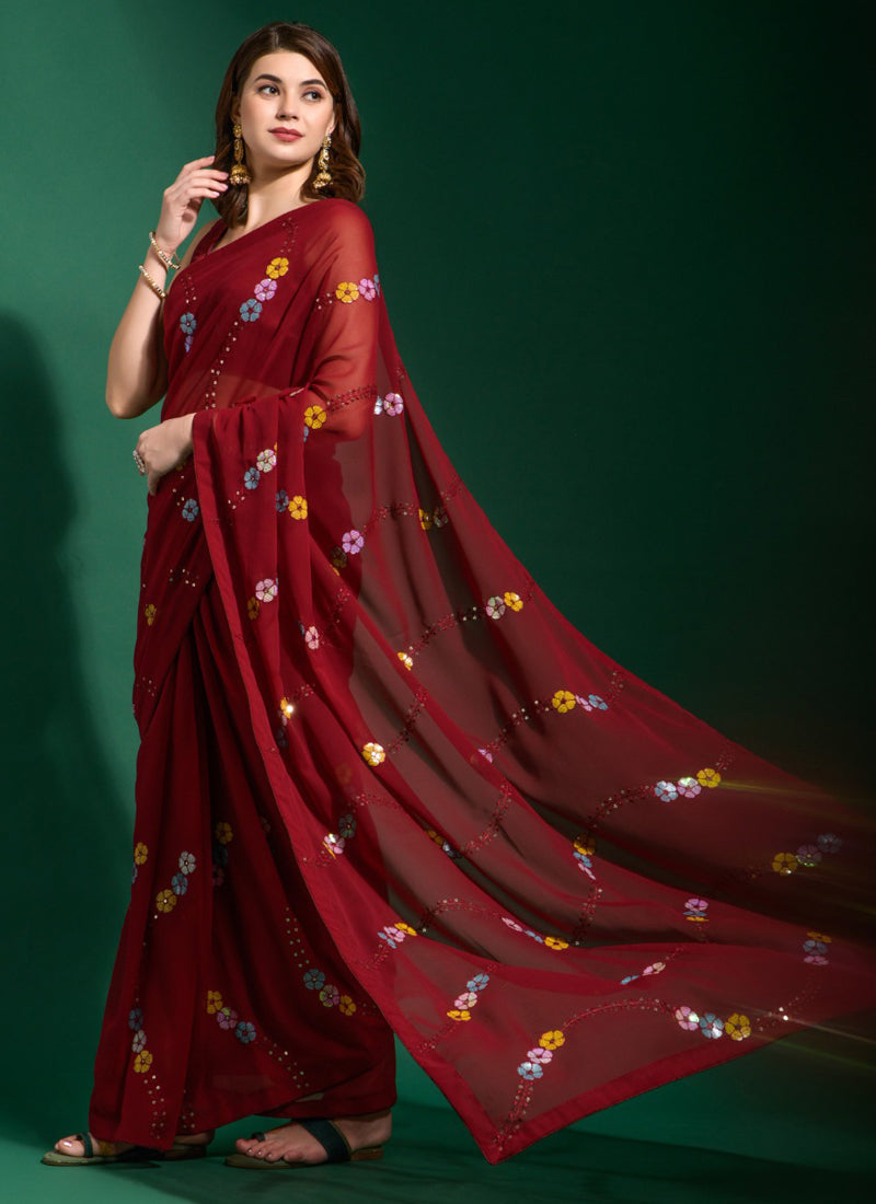 Maroon Georgette Saree with Sequins Embroidery for Party Wear