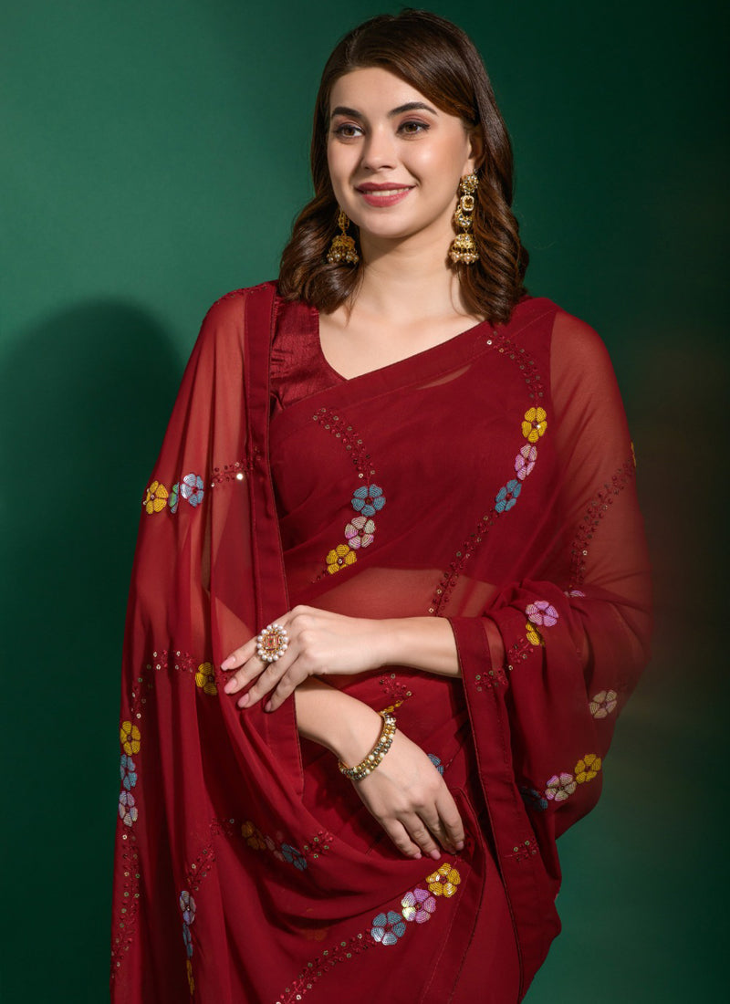 Maroon Georgette Saree with Sequins Embroidery for Party Wear