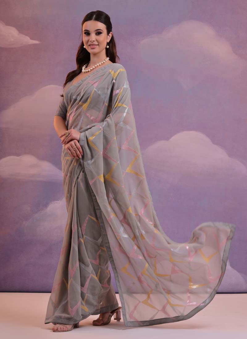 Grey Georgette Saree with Heavy Sequence Embroidery