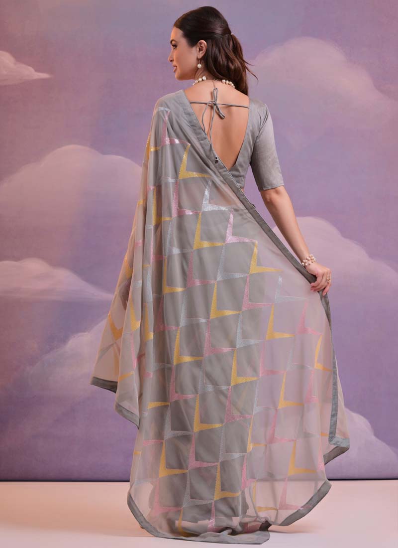 Grey Georgette Saree with Heavy Sequence Embroidery
