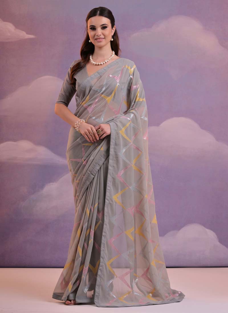 Grey georgette wedding saree with heavy sequence embroidery