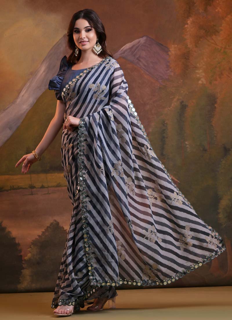 Blue Georgette Leriya Print Designer Saree