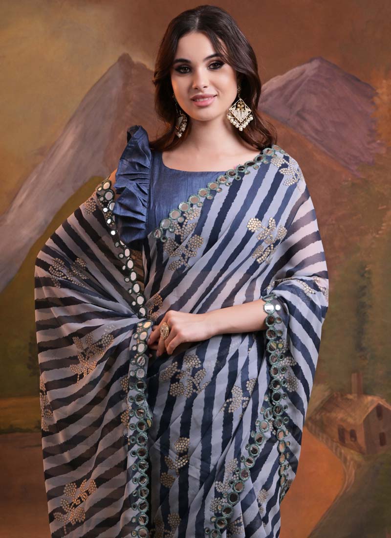 Blue Georgette Leriya Print Designer Saree