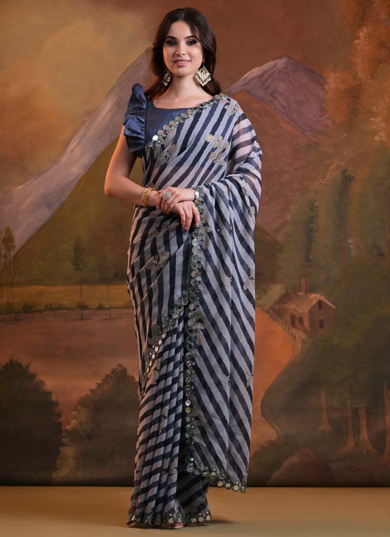 Blue georgette saree with traditional Leriya print and matching blouse
