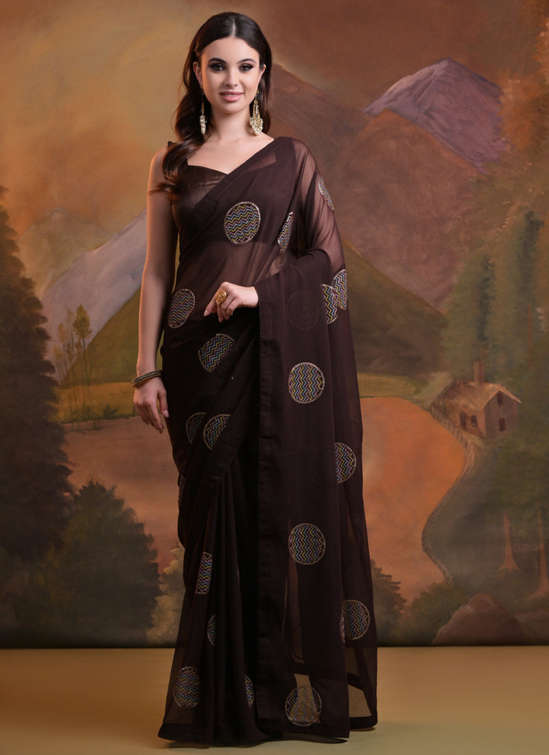 Vegaa Fashion Brown Heavy Georgette Sequence Work Saree