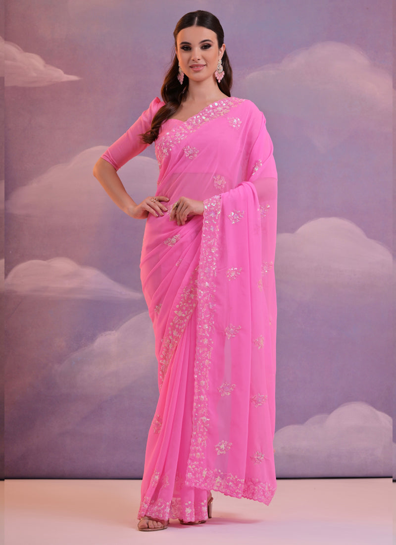 Light pink and grey georgette saree with subtle sequence work detailing