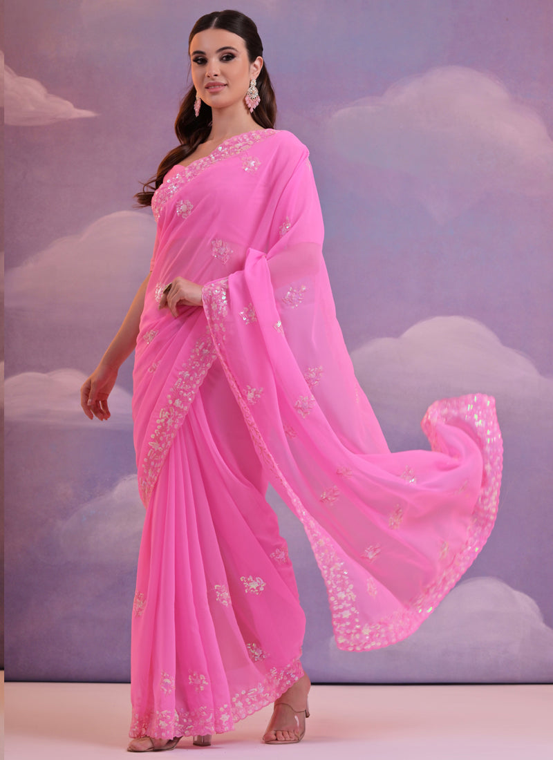 Light Pink and Grey Soft Georgette Sequin Work Saree