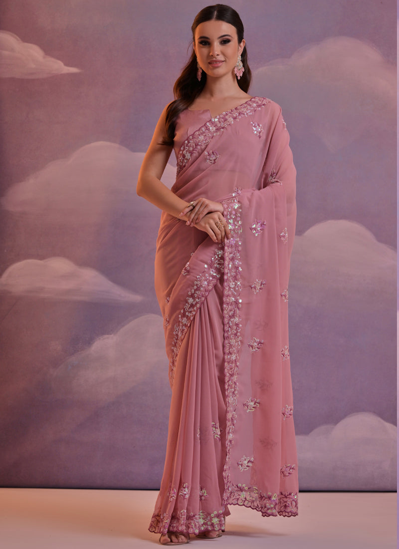 Light brown grey georgette saree with sequence embroidery