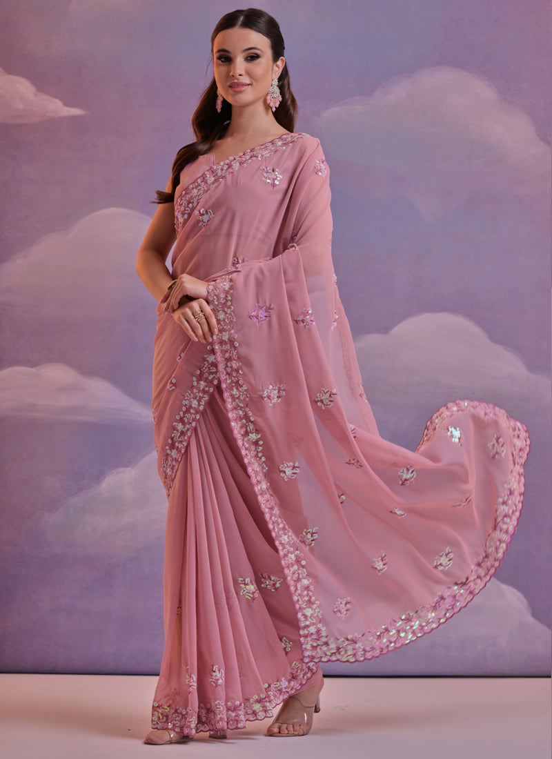 Light Brown Grey Soft Georgette Sequence Work Party Saree