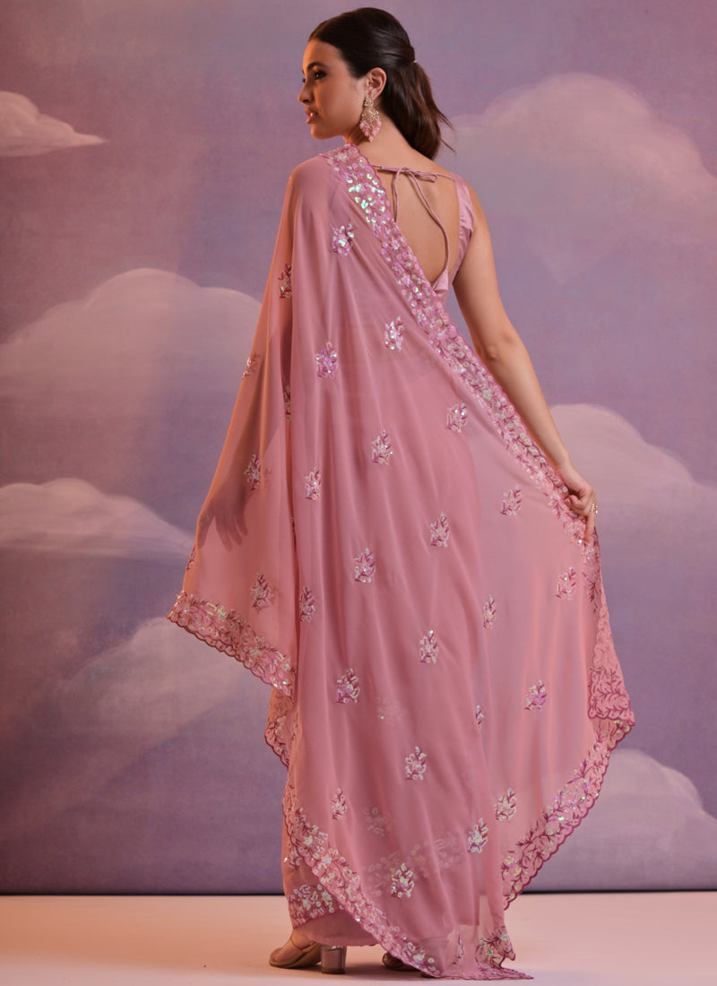 Light Brown Grey Soft Georgette Sequence Work Party Saree
