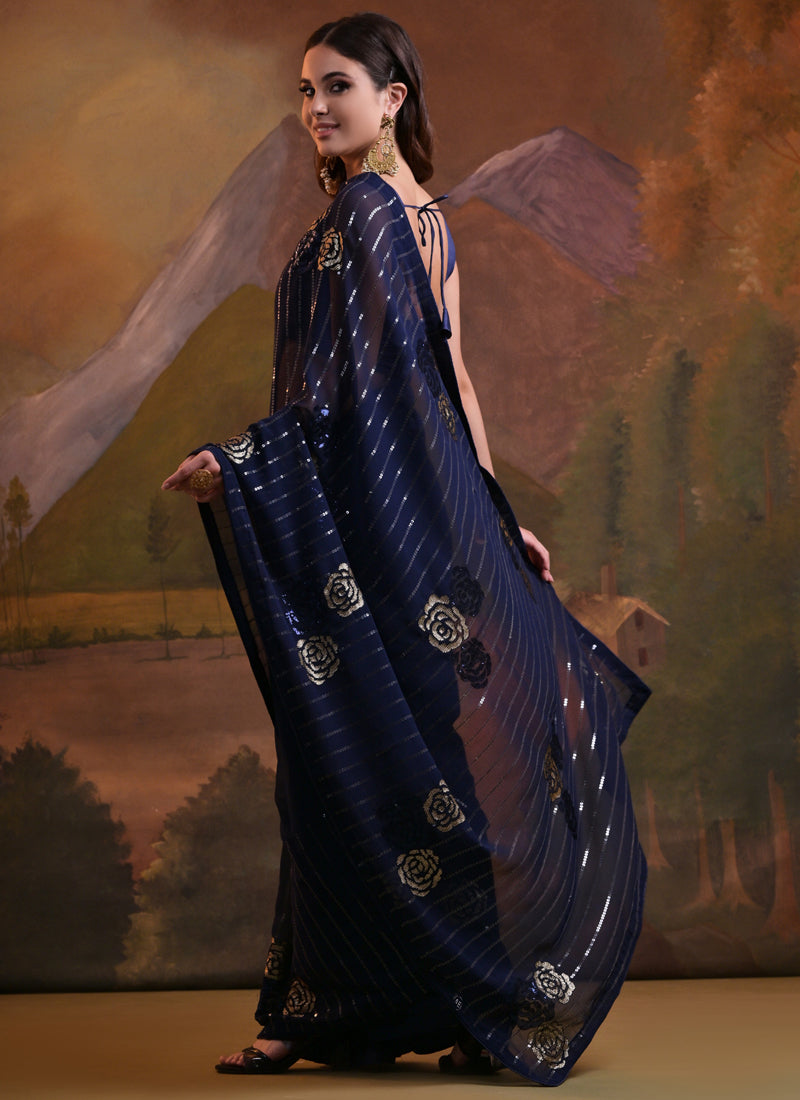 Vegaa Fashion Navy Blue Soft Georgette Sequence Work Saree
