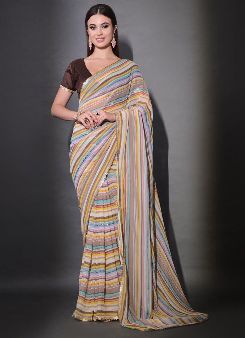 Multicolor Georgette Leriya print saree with sequin embroidery and matching blouse piece