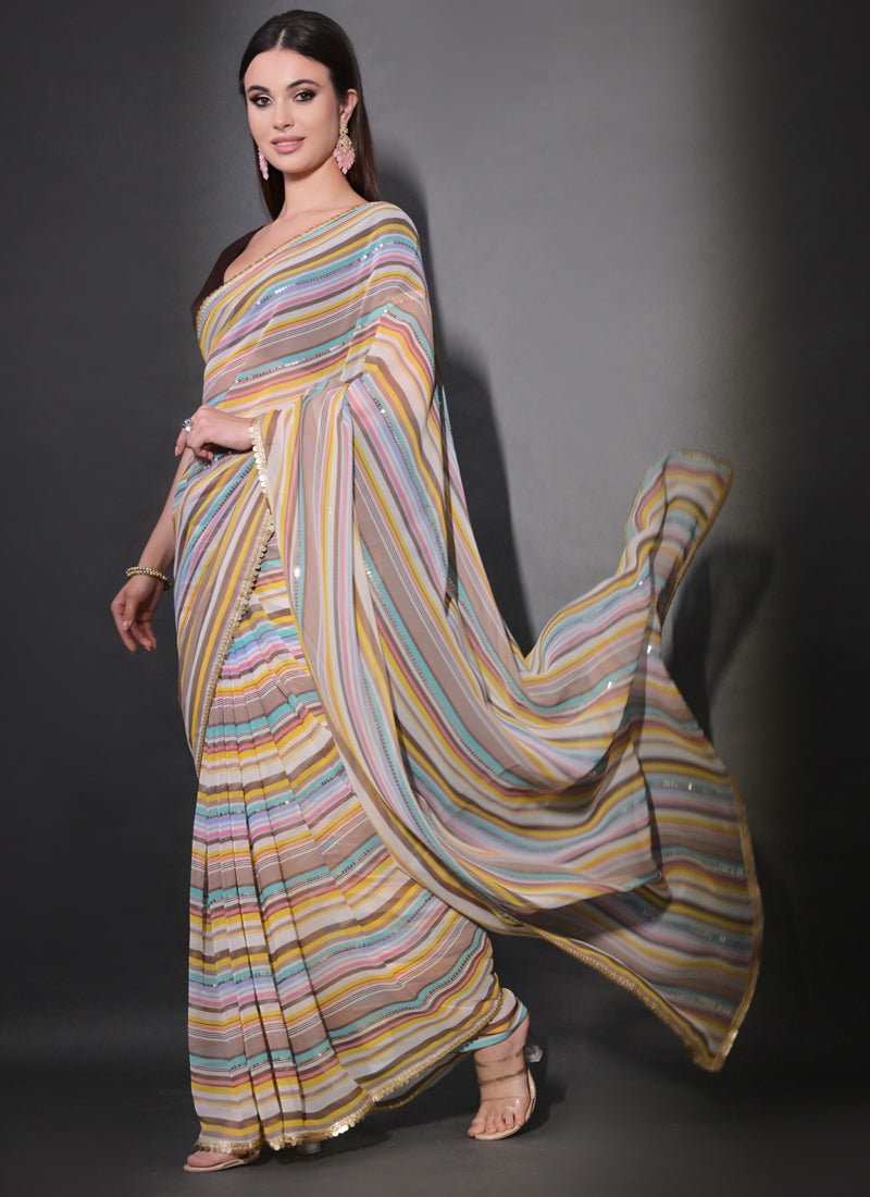 Multicolor Leriya Print Georgette Saree with Sequin Embroidery