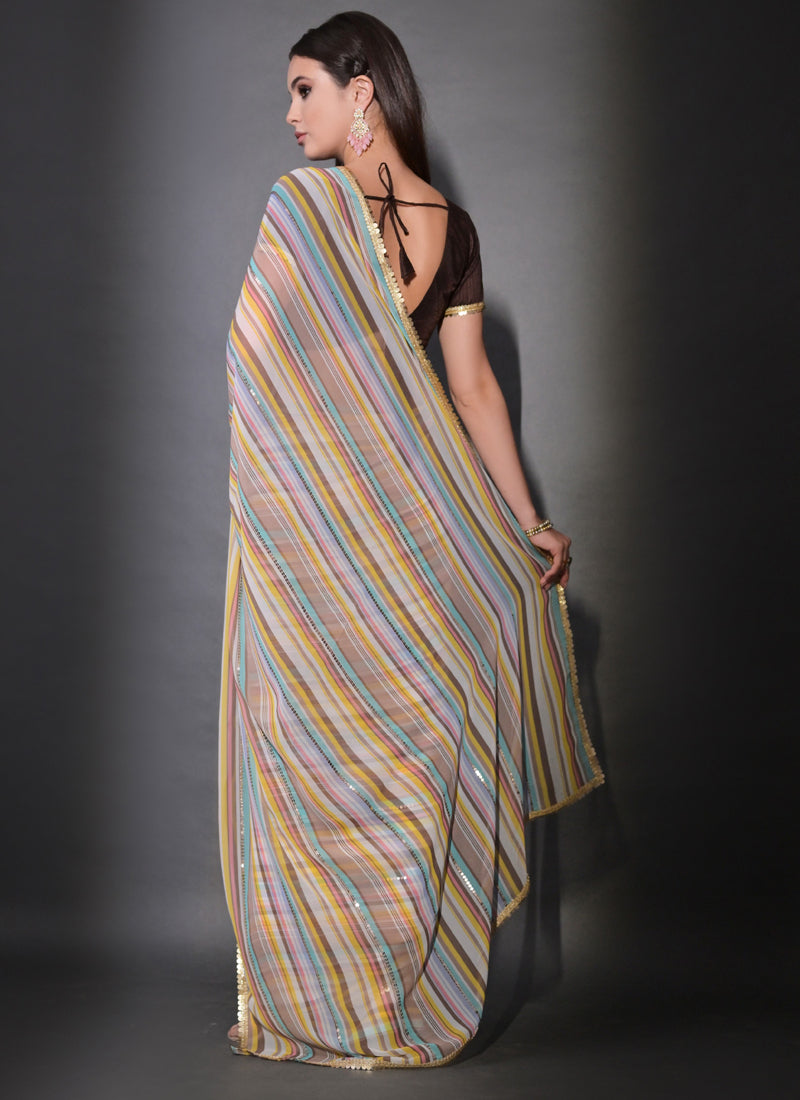 Multicolor Leriya Print Georgette Saree with Sequin Embroidery