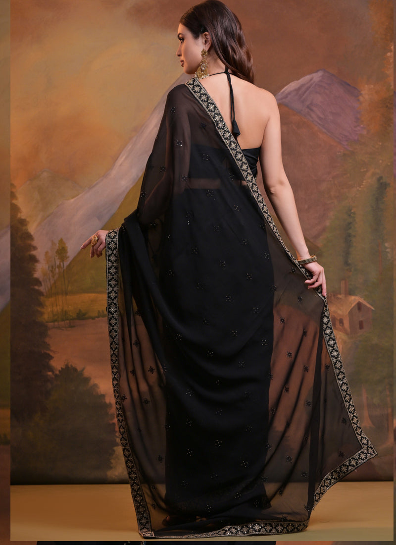 Vegaa Fashion Black Heavy Georgette Sequence Work Saree