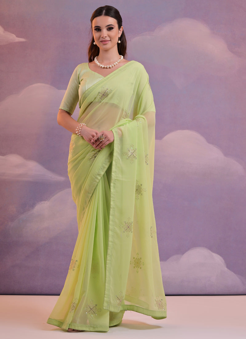 Light green georgette saree with sequence embroidery