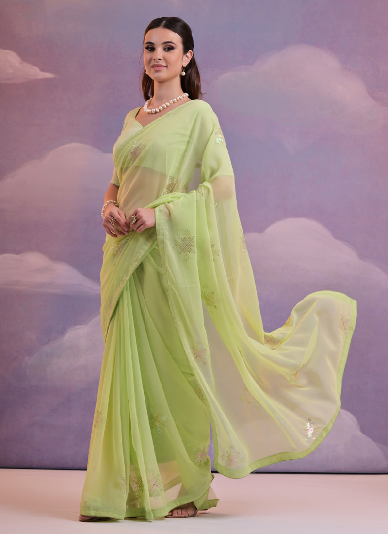 Light Green Georgette Saree with Sequined Floral Embroidery