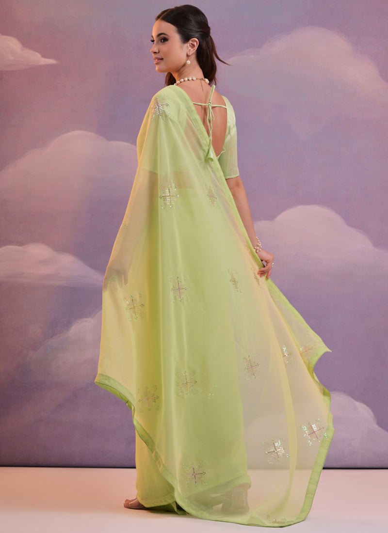Light Green Georgette Saree with Sequined Floral Embroidery