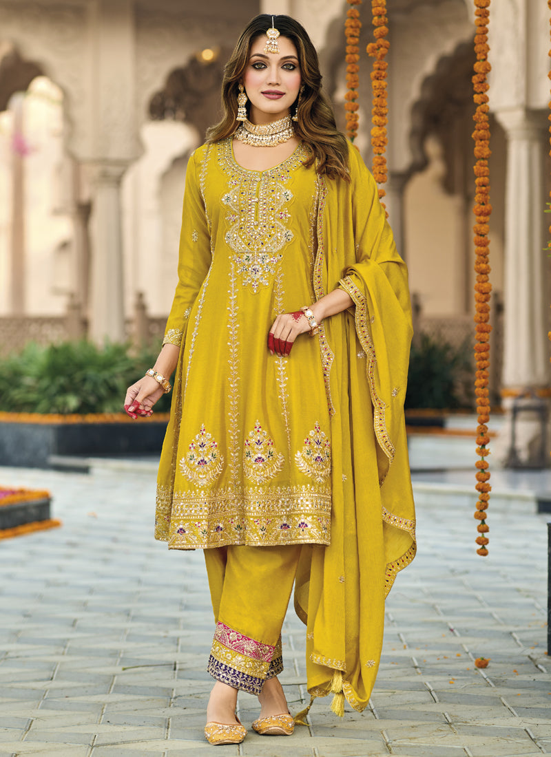 Yellow Chinon Silk Embroidered Palazzo Suit with Mirror Work