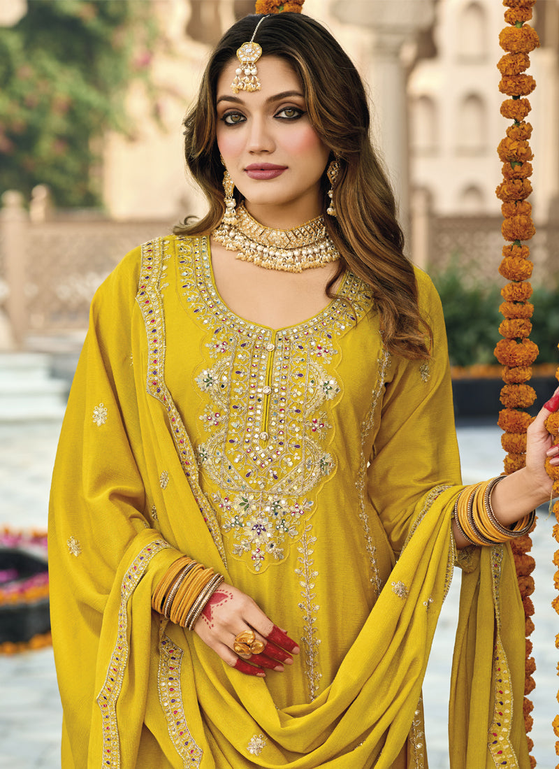 Yellow Chinon Silk Embroidered Palazzo Suit with Mirror Work