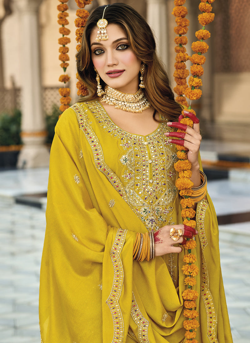 Yellow Chinon Silk Embroidered Palazzo Suit with Mirror Work