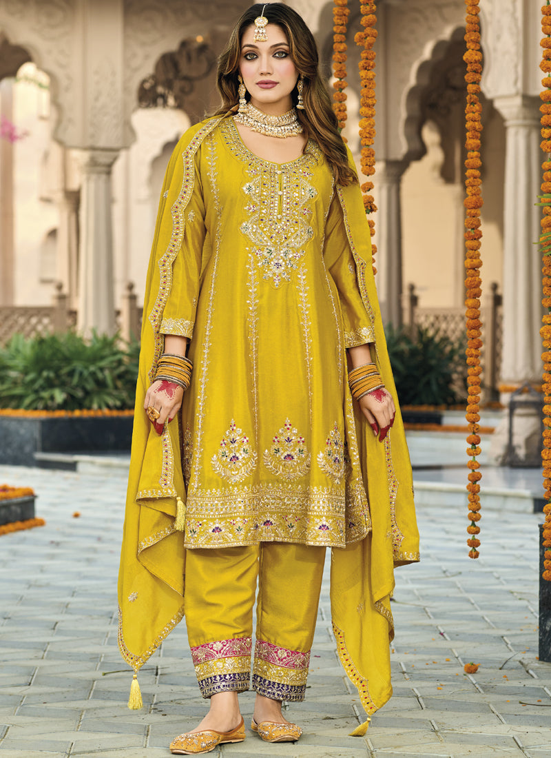 Yellow Chinon silk designer palazzo suit with heavy embroidery and real mirror handwork