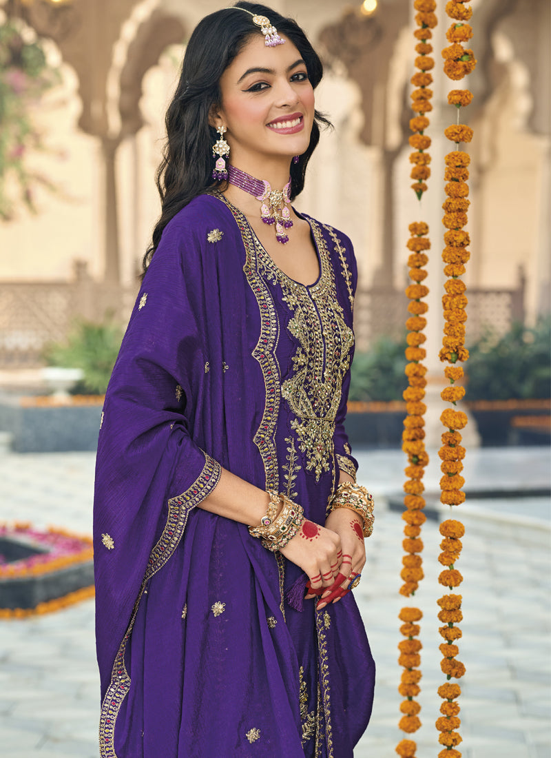 Violet Chinon Silk Embroidered Designer Palazzo Suit Set
