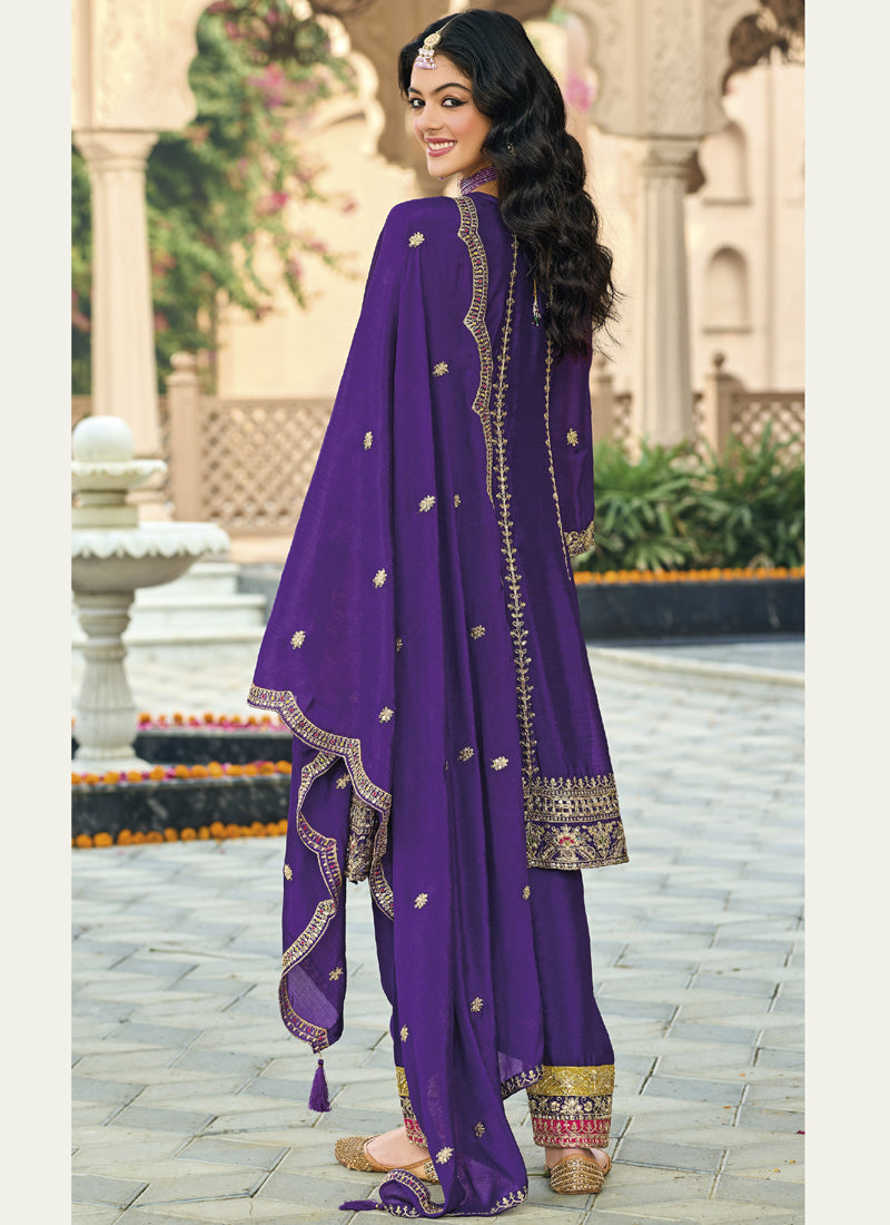 Violet Chinon Silk Embroidered Designer Palazzo Suit Set