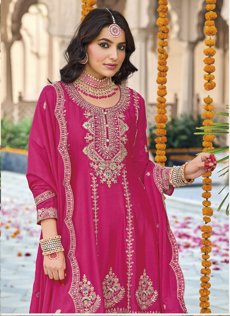 Pink Chinon Silk Embroidered Palazzo Suit Set for Women