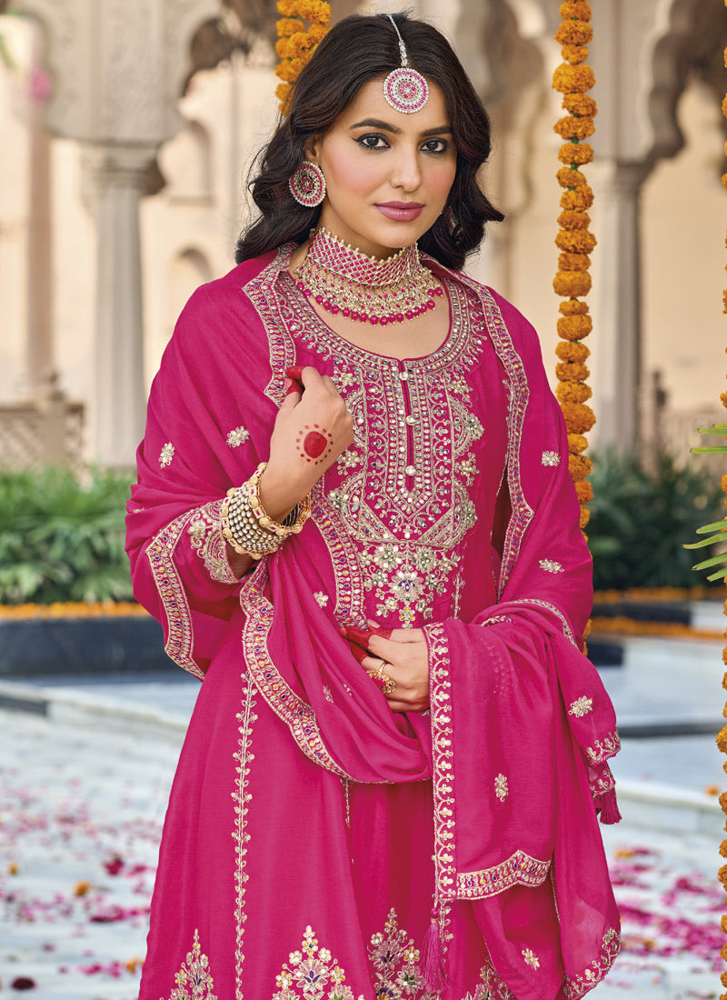 Pink Chinon Silk Embroidered Palazzo Suit Set for Women