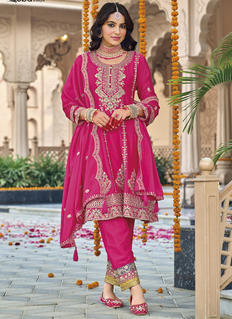 Front view of a Pink Chinon Silk Embroidered Palazzo Suit with intricate designer detailing