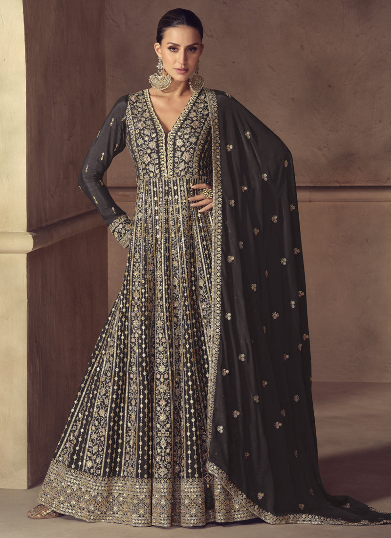 Vegaa Fashion Brown Chinon Silk Embroidered Designer Anarkali Suit
