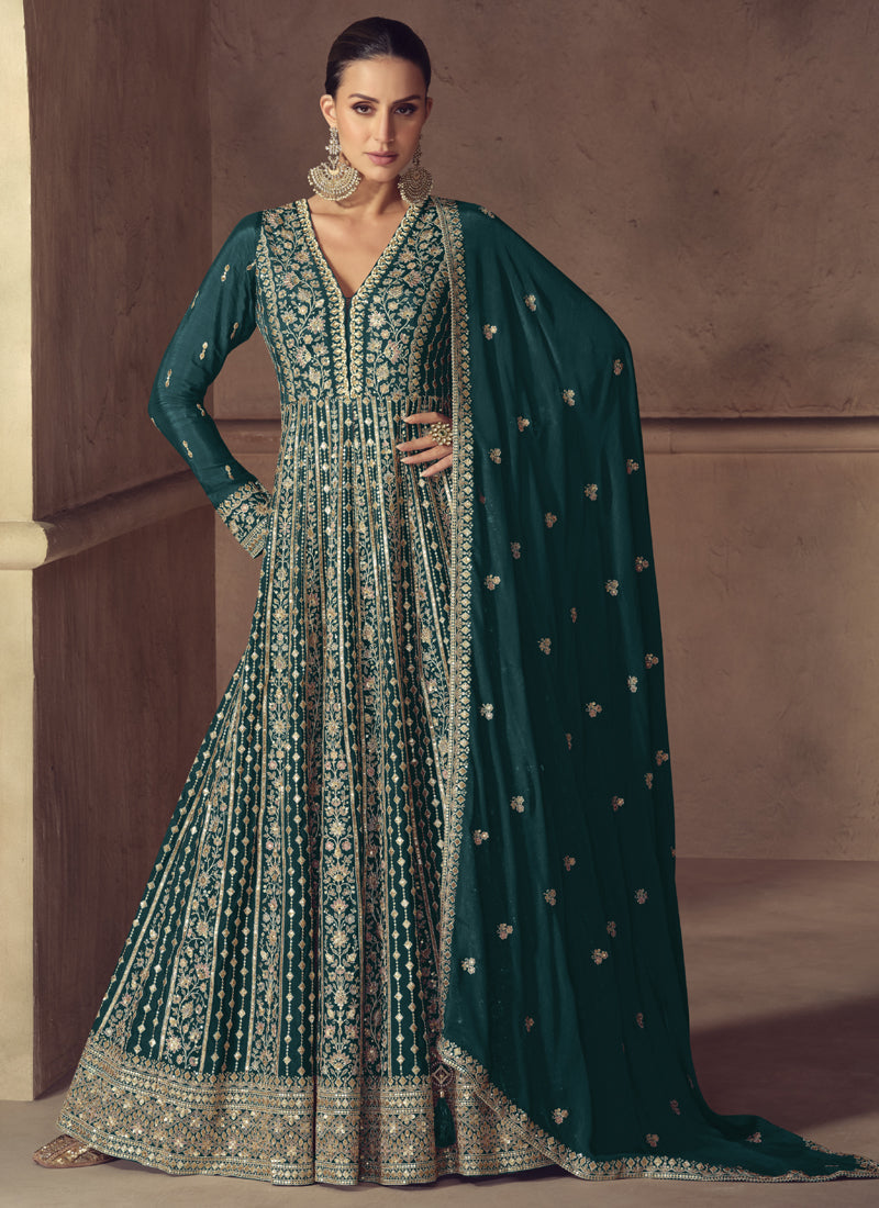 Rama Green Chinon Silk Anarkali suit with detailed Gota Patti embroidery for wedding events