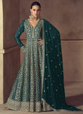 Rama Green Chinon Silk Anarkali suit with detailed Gota Patti embroidery for wedding events