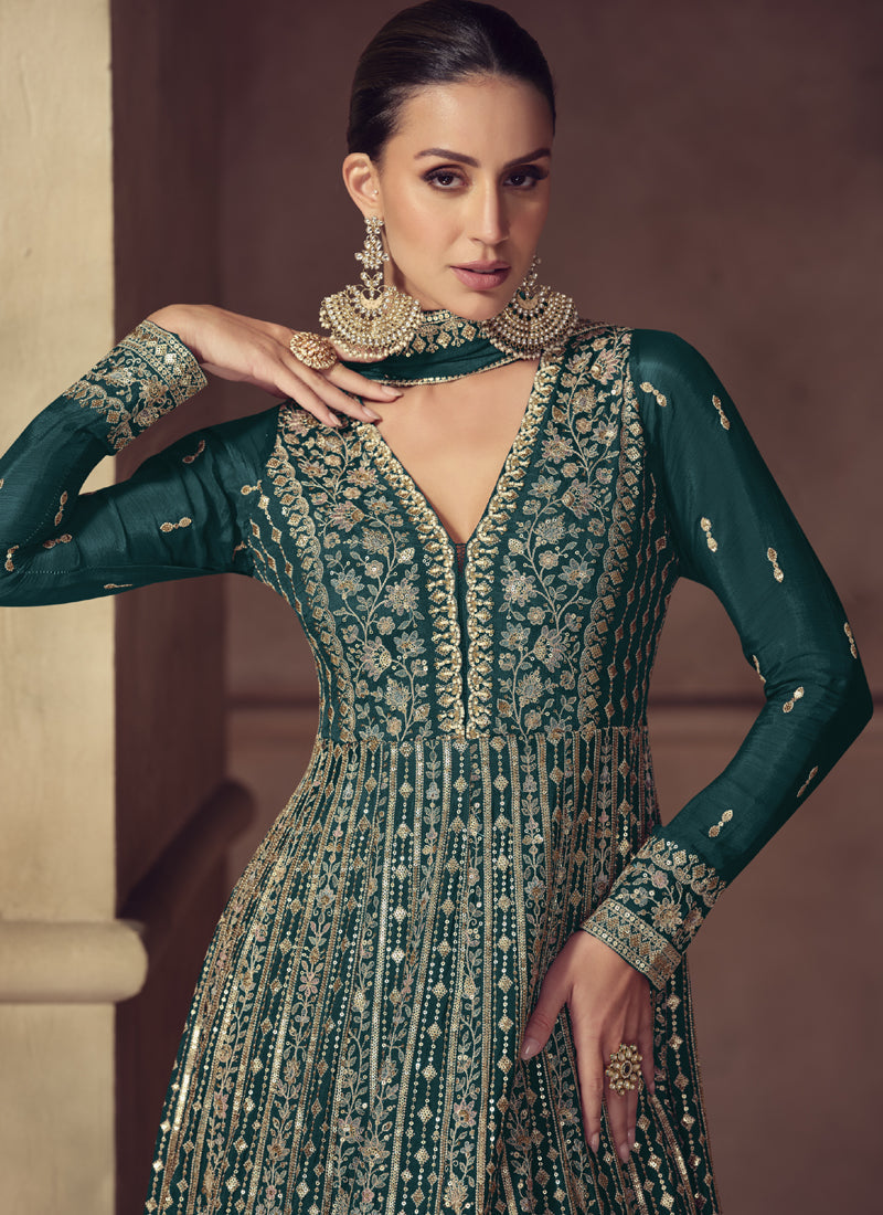 Rama Green Chinon Silk Anarkali Suit with Gota Patti Embroidery
