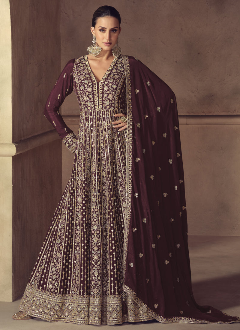 Vegaa Fashion Wine Chinon Silk Embroidered Designer Anarkali Suit