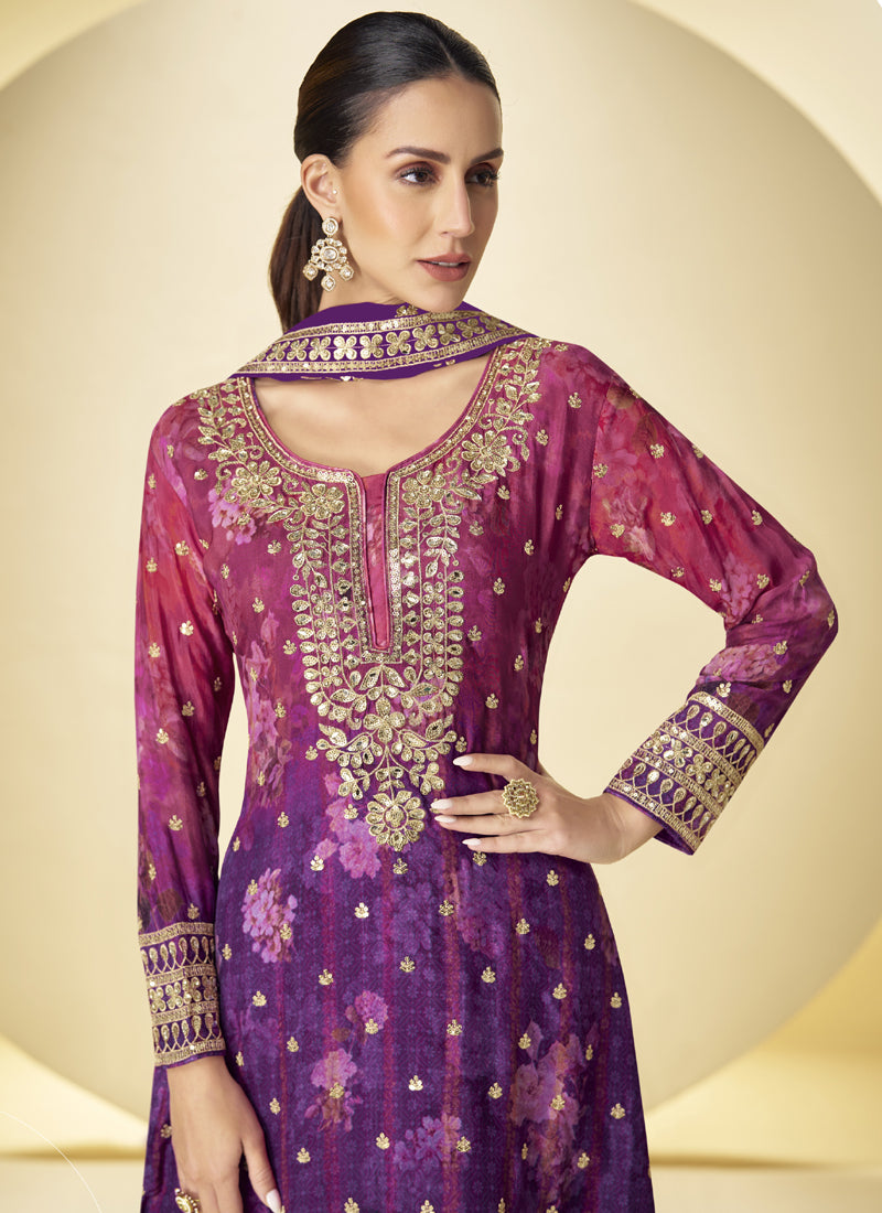 Violet Chinon Silk Digital Print Designer Palazzo Suit