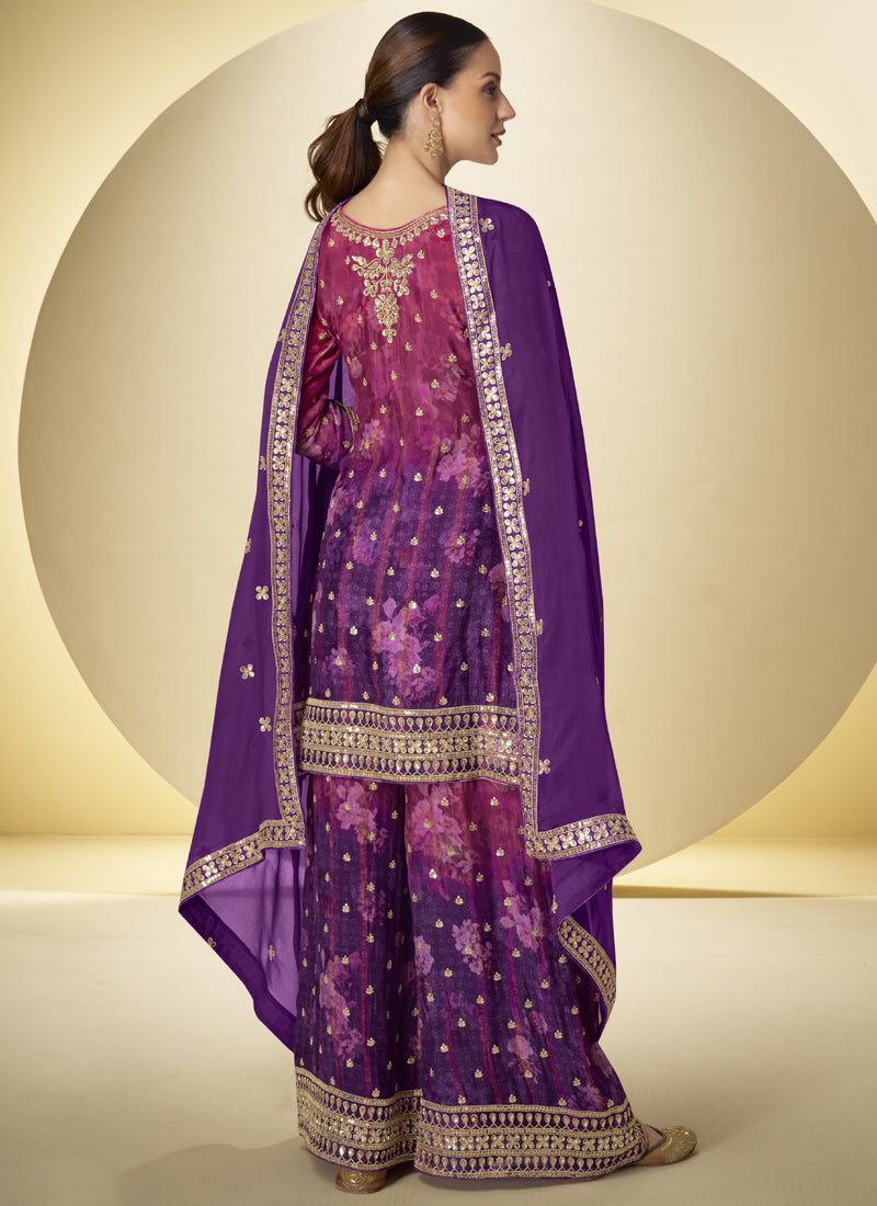 Violet Chinon Silk Digital Print Designer Palazzo Suit