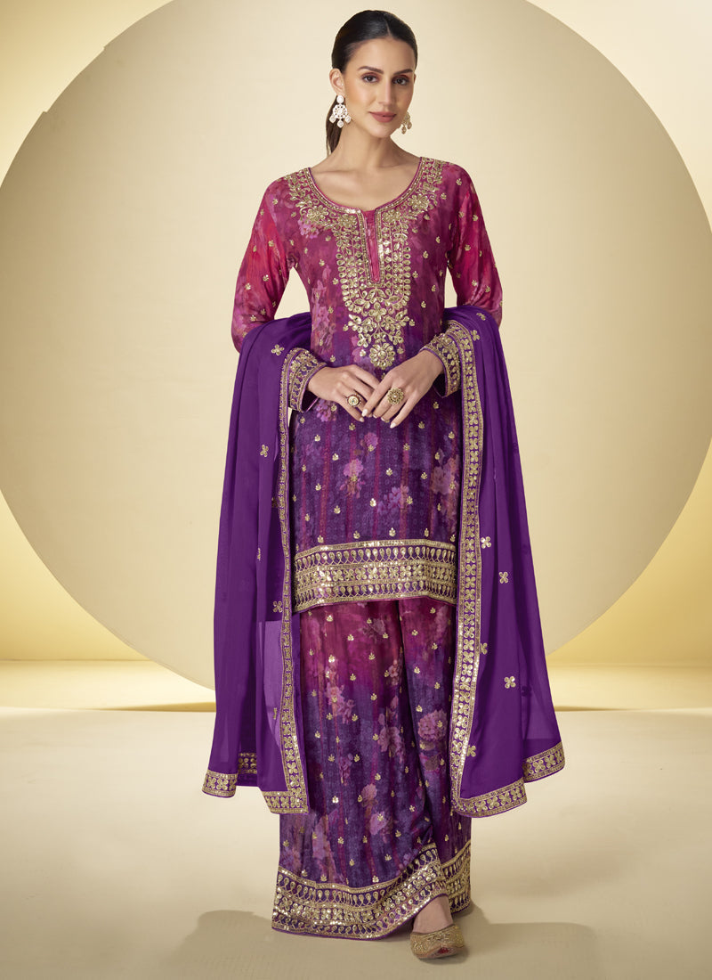 A violet Chinon silk designer palazzo suit featuring digital floral prints and intricate gota patti embroidery.
