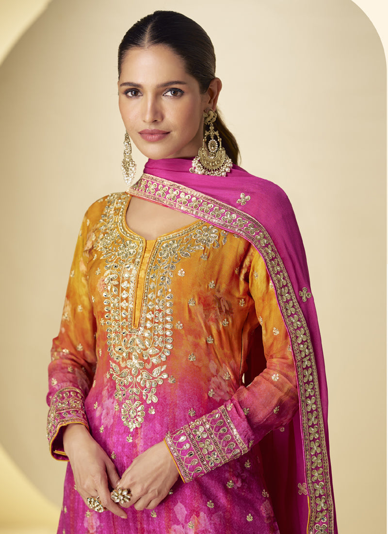 Pink Chinon Silk Digital Print Designer Palazzo Suit