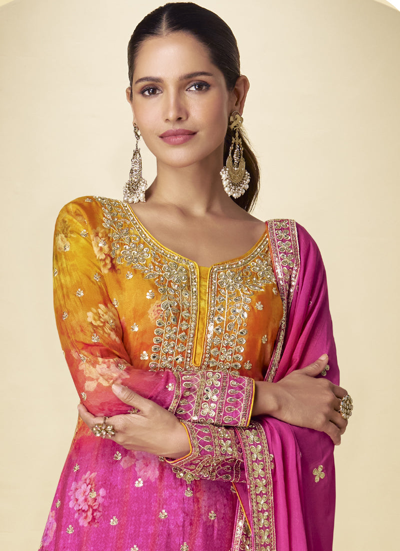 Pink Chinon Silk Digital Print Designer Palazzo Suit
