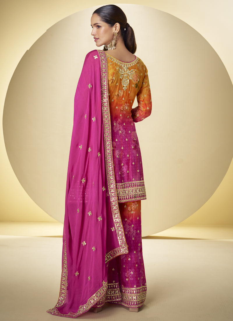 Pink Chinon Silk Digital Print Designer Palazzo Suit