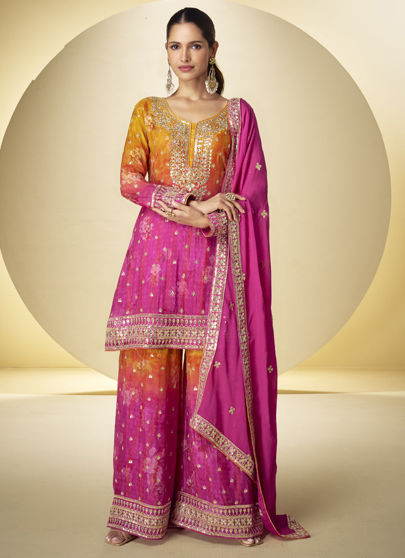 Pink chinon silk designer palazzo suit with digital print and embroidered accents