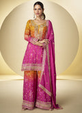 Pink chinon silk designer palazzo suit with digital print and embroidered accents