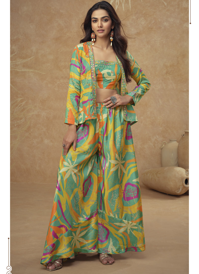 Woman wearing a multicolor Chinon silk digital print palazzo suit with wide-leg silhouette