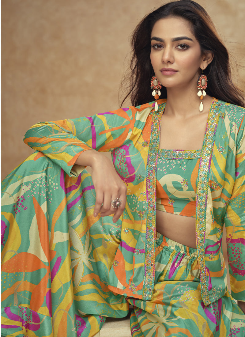 Multicolor Chinon Silk Digital Print Bohemian Palazzo Suit