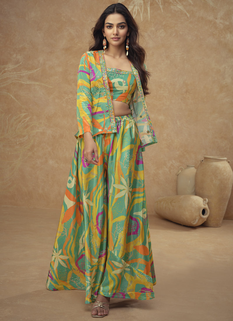 Multicolor Chinon Silk Digital Print Bohemian Palazzo Suit